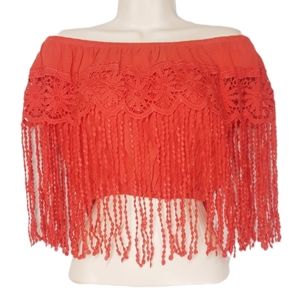 YUTLANIH Orange Fringe Off Shoulder Mexican Festival Boho Top Medium